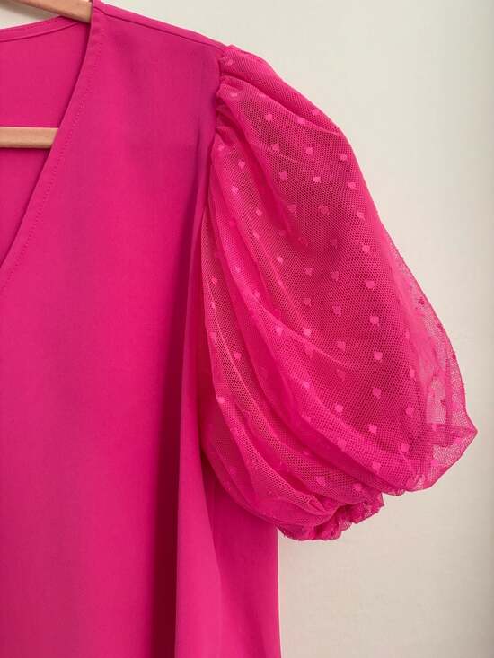 Jodifl Pink V-Neck Mesh Bubble Sleeve A-Line Shift Dress NWT - Picture 2 of 5